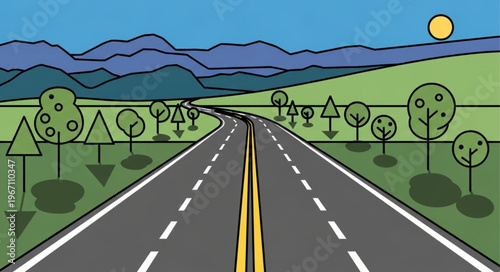 Straight asphalt road stretching into the distance with trees and hills.