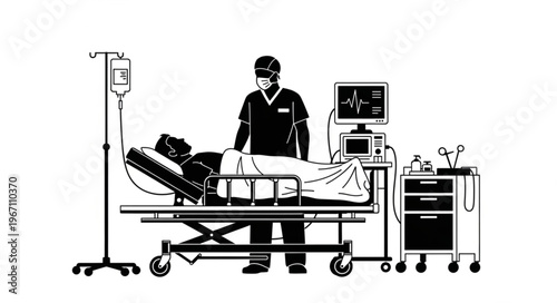 Doctor Standing Beside Patient In Hospital Bed With Medical Equipment.