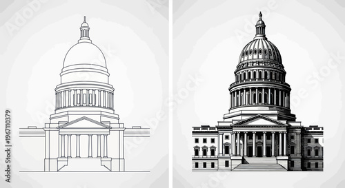 United States Capitol Building - Sketch vs. Detailed Illustration