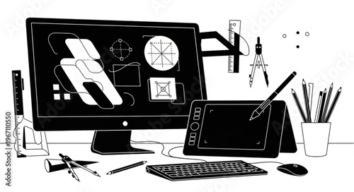 Digital artist workspace with computer and drawing tablet.
