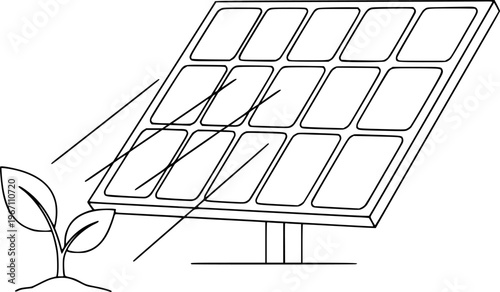 Simple line of a solar panel with a growing plant and sun rays a white background