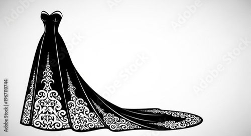 Elegant black wedding gown with intricate lace details and long train.