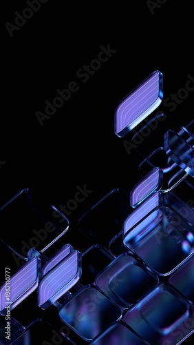 Abstract purple glass blocks on a black background, vertical 3d render