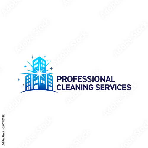 Professional Cleaning Services Logo with Sparkling Blue Buildings.