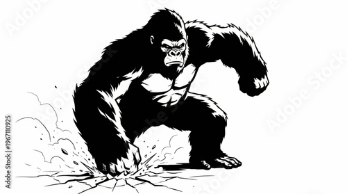 A powerful black and white illustration of a gorilla in an aggressive stance, with its fist on the ground causing cracks.