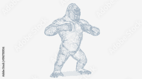 A detailed sketch of a powerful, muscular gorilla-like creature standing upright, rendered in a light blue pencil style on a white background.