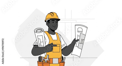 Construction worker holding blueprints and pointing at plans.
