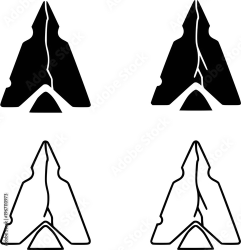 Stylized ancient arrowhead in black and white silhouette and outline primitive tool