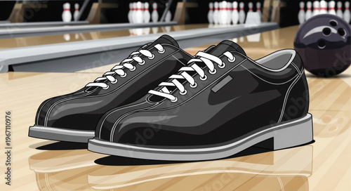Pair of Shiny Black Bowling Shoes on Wooden Lane.
