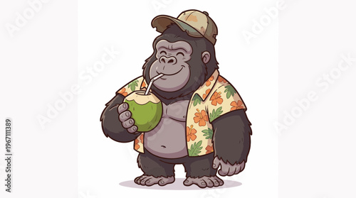 A happy cartoon gorilla wearing a Hawaiian shirt and cap, enjoying a refreshing coconut drink with a straw.
