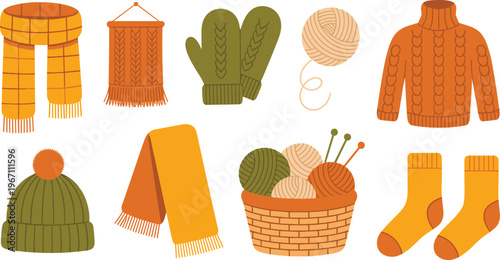 Winter Knitting Accessories Set with Scarves, Mittens, Sweaters, and Yarn Balls Vector Illustration for Cozy Seasonal Fashion
