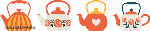 Vintage Floral Teapot Set with Stripes, Roses, and Heart Patterns Vector Illustration for Kitchen Decor and Homeware Design