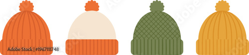 Winter Knit Hat Set with Pom-Poms and Ribbed Patterns in Orange, Cream, Green, and Yellow for Seasonal Fashion Design
