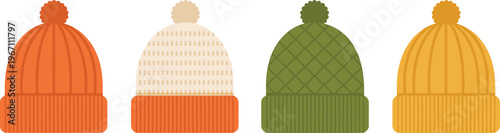Knitted Winter Hat Collection Vector with Ribbed Patterns and Pom-Poms for Cold Weather Apparel and Seasonal Accessories Design