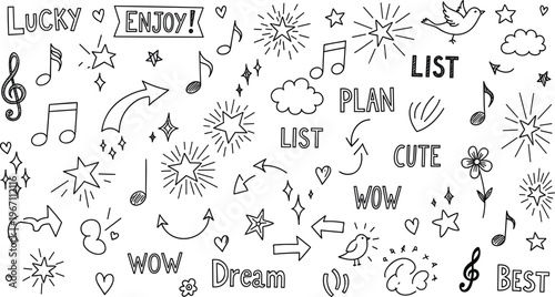 Creative Hand Drawn Vector Doodle Set Featuring Music Notes Stars Arrows and Positive Words for Journaling Decor