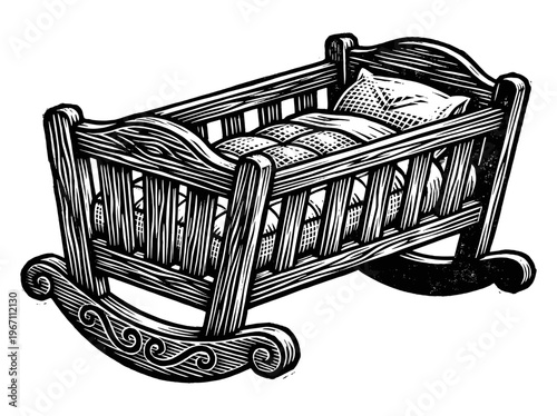 Vintage Baby Cradle Engraving Illustration Black and White Line Art