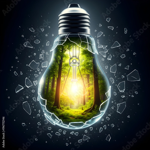 Green Innovation for Renewable Energy illustrating a Lush Forest inside a Broken Lightbulb with Shattered Glass Effects