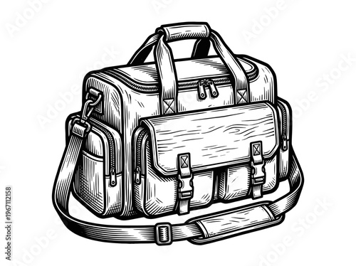 Vintage Diaper Bag Engraving Illustration Black and White Line Art