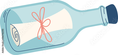 Message in a bottle vector with rolled-up paper and red string for romantic and adventure-themed designs.