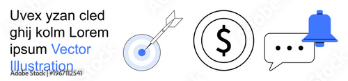 Business strategy, finance, success goals, notifications, communication, teamwork. Target and dart, dollar sign message with a notification bell. Business strategy and finance concepts