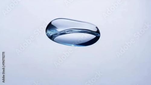 Multiple crystal clear water spheres floating and merging in a bright studio with perfect refractions and a clean refreshing blue aesthetic.