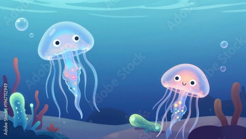 Two Colorful Animated Jellyfish Swimming Playfully in a Vibrant Underwater Environment