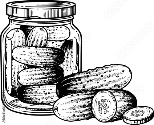 Vintage Style Jar Filled With Pickles And Fresh Cucumbers Scattered Around food