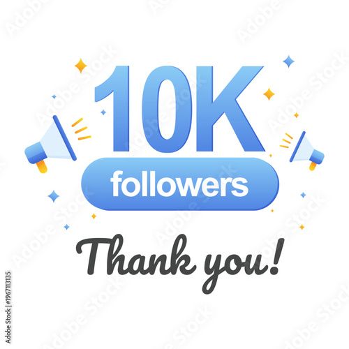10K followers celebration banner with thank you message and megaphones. vector illustration