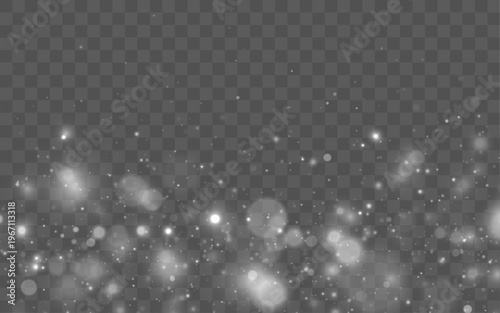 White glowing dust drifts softly across a dark blurred scene, blending delicate bokeh with tiny sparkling points of light.