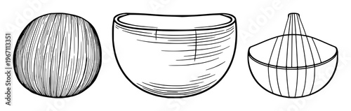 Lute bowl set with black line art on white background featuring musical instrument, lute, bowl with line art and illustration