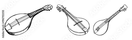 Mandolin tailpiece set with black line art design on white background featuring mandolin, tailpiece, engraving with musical instrument and illustration