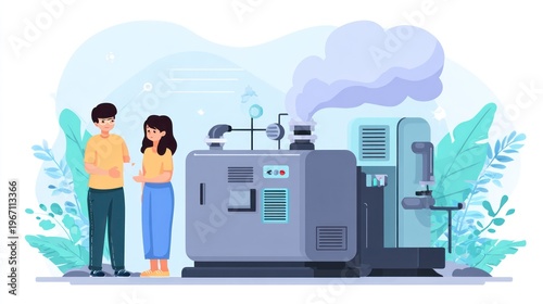 Wallpaper Mural Two people stand next to a large, complex machine emitting steam, surrounded by plants Torontodigital.ca