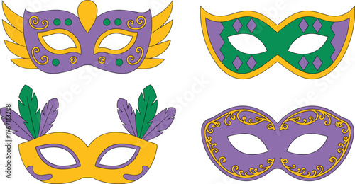 Mardi Gras mask vector set with purple, gold, and feather designs for festive and celebration illustrations.