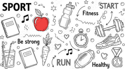 Fitness and Healthy Lifestyle Doodle Set Featuring Sports Equipment Nutrition Icons and Motivational Text Vector Illustration Design