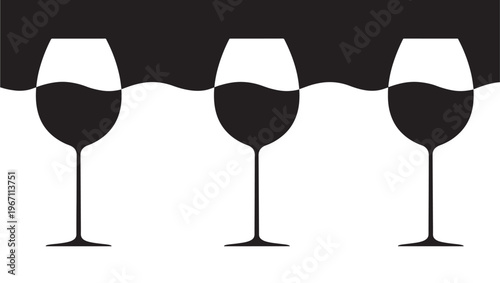 Wine glasses filled with dark liquid are depicted in a stark black and white graphic with a wave pattern.