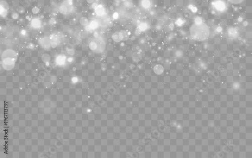 Soft white dust floats gently, blending delicate bokeh with tiny luminous sparkles across a transparent background for magical effects.