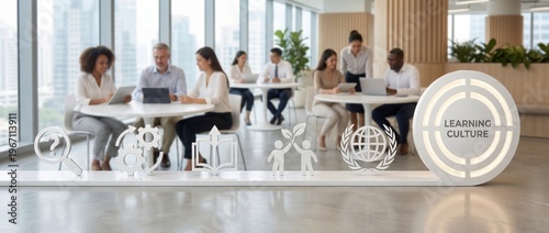 Learning culture, corporate training, professional development, business education, employee growth, workplace culture, global business concepts shown with icons in a modern office.