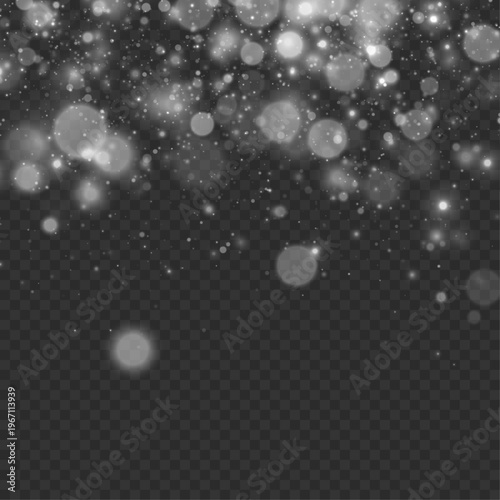 White dust particles float gently, blending soft glowing bokeh and subtle sparkling highlights across a dark gradient canvas.