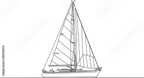 Minimalist Sailboat Line Art Illustration Featuring a Modern Yacht Sailing on the Ocean Water for Nautical Design