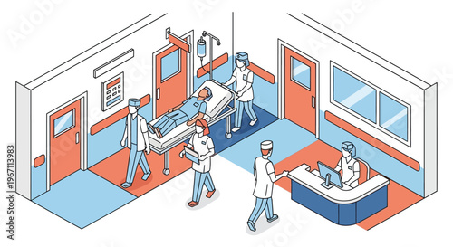 Hospital scene with medical staff and patient care illustration.