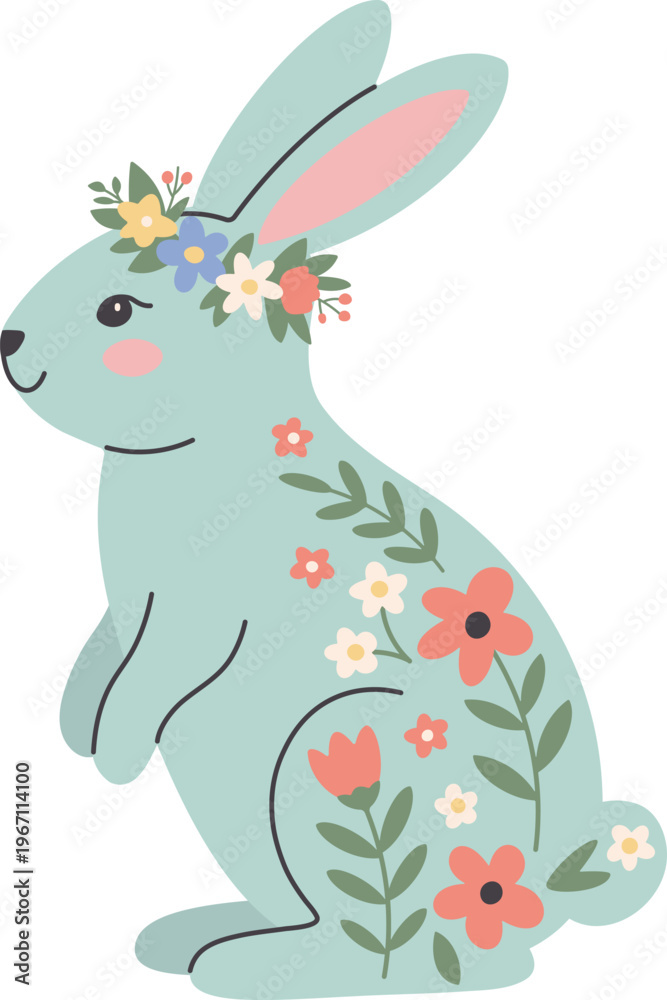 Obraz premium Cute mint blue Easter bunny with floral pattern and wreath. Flat vector illustration