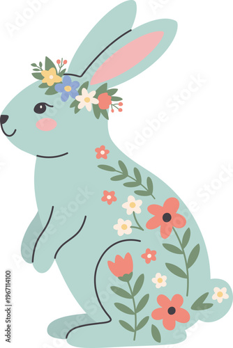 Cute mint blue Easter bunny with floral pattern and wreath. Flat vector illustration