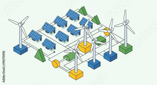 Renewable energy sources connected in a smart grid system.
