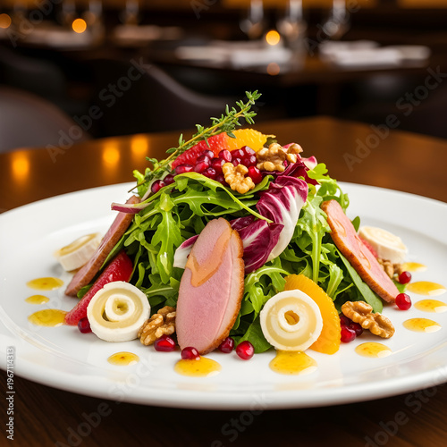 Gourmet salad plating for fine dining menu presentation with artistic arrangement and vibrant ingredients restaurant concept