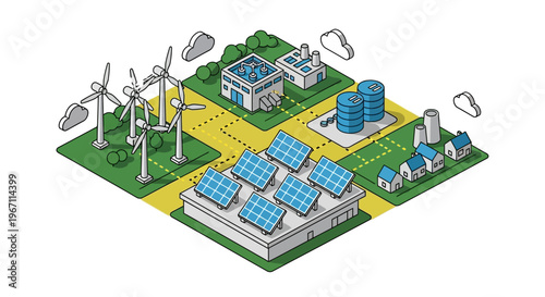 Sustainable energy sources powering a modern city illustration.