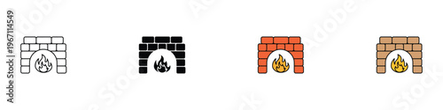 Brick fireplace with fire flame icon set. Traditional home heating and cozy interior furnace symbols in flat and colored styles. Vector Illustration.
