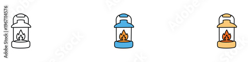 Camping lantern or oil lamp icon set. Outdoor adventure and traditional lighting equipment symbols in flat and colored styles. Vector Illustration.