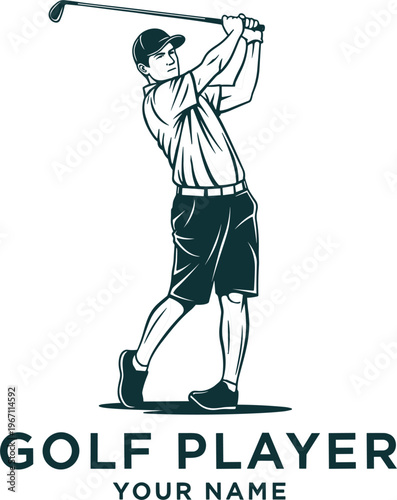 Professional Male Golf Player Swinging Club Action Character Logo for Sports Branding and Tournament Vector Illustration Design