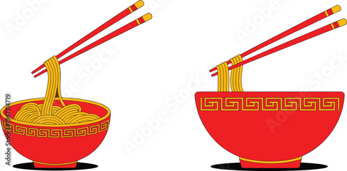 Traditional Chinese noodle bowl vector illustration with chopsticks, gold decorative pattern, and delicious food design