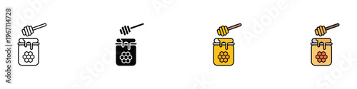 Natural honey jar with wooden dipper stick icon set. Organic sweet bee product and healthy food ingredient symbols in multiple styles. Vector Illustration.